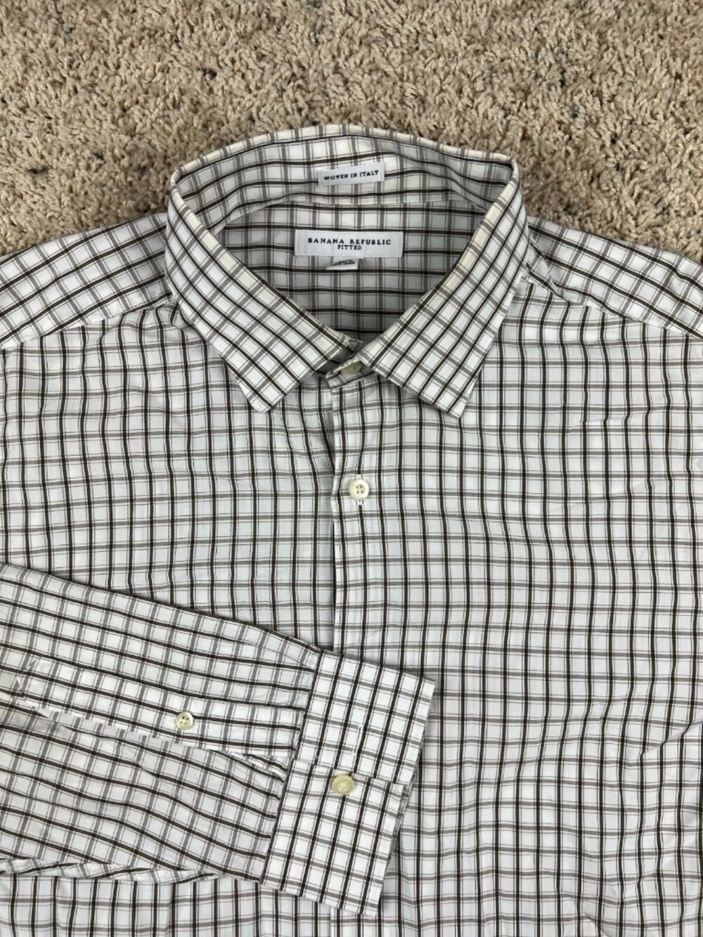 Banana Republic Men's Woven In Italy Plaid Shirt Beige Tan Size Large 16/16.5